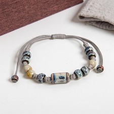 Handmade Blue Ceramic Bead Rope Bracelet Adjustable Vintage Ethnic Jewelry picture