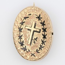Antique Victorian Mourning Brooch Gold Filled Taille d'Epargne Cross Enamel 1860 picture