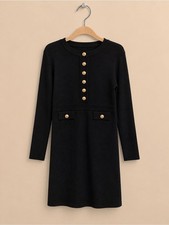 Designer-Inspired Black Knit Mini Dress Gold Buttons Size M NWT picture