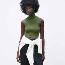 Zara Sleeveless Mock Neck Tank Green Sweater Cropped picture