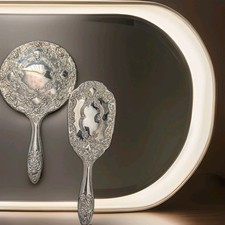 Vtg Silver Handheld Mirror and Brush Vanity Set  picture