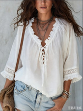 Boho White Peasant Blouse V-Neck Crochet Lace Top Flowy Casual picture