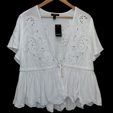 Torrid Womens Eyelet Challis Tie Front Top L White Embroidered Boho Romantic picture