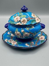 Antique 1890s Émaux de Longwy France Lidded Sauce Boat with Attached Saucer 890 picture