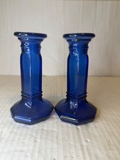 Vintage Cobalt Blue Pressed Glass Candlestick Holders Pair picture