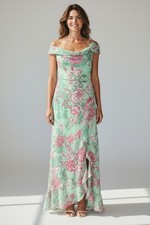 Zara Women's Floral Off-Shoulder Maxi Dress, Size M, Mint Green with Pink Flower picture