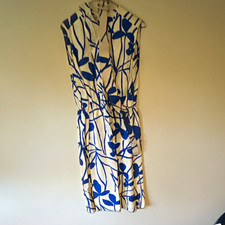 Vintage 50/60s day Dress 12 Blue/White Floral Sleeveless High Neck Knee picture