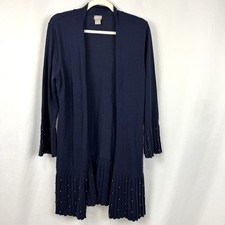 Chicos Women’s Sz L Navy Open Front Cardigan Sweater Pleated Beaded 3/4 Sleeve picture