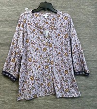 J Jill Purple Floral Henley Blouse Womens Size 3X Cotton Tencel 3/4 Sleeve picture