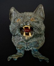 Cold Painted  Bronze Cat Head ink well with Hinged Lid picture