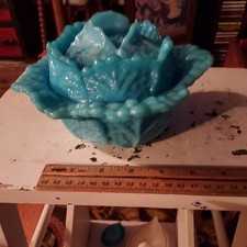 Antique Porteiux Vallerysthal Blue Opaline Cabbage Leaf Covered Dish 115 y/o picture