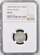 1869-R (Large) ITALIAN STATES Silver 10 SOLDI NGC MS-64 R XXIII PAPAL STATES picture