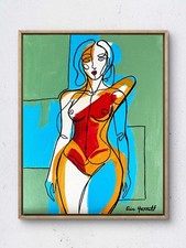 Original Acrylic 14x11 Red Bold Modern Female Figure Painting Signed Canvas Art picture