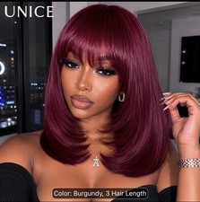 Unice Straight Layered Wolf Cut Bob Burgundy Wig Human Hair Glueless  picture