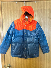 Patagonia Down Sweater Hoody Puffer Jacket 11-12Y Blue/Orange Snap Pockets picture