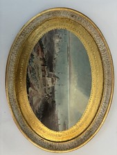 Vtg Legno Italian Florentine Gold Gilt Oval Tray Istanbul Print Hollywood Regent picture