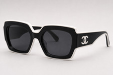 CHANEL Women White and Black Square Oversized Sunglasses Gray Tinted Lens Logo picture