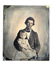 Antique 1/6th Plate Tintype Pioneer Father w/ Child Son Daughter Photo picture