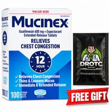 Mucinex 12-Hour 600 mg Guaifenesin 100 Bi-Layer Tablets + Free Wipe EXP 06/27 picture