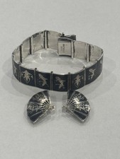 Siam Sterling Silver Niello 14 Panel Bracelet & Earrings Set 35.1 Grams Vintage picture