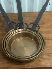 Antique Hammered Copper Pots Saucepan W/ Wrought Iron Handles Set Of 3 picture