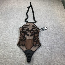 Thistle And Spire Bodysuit Womens M Black Sheer Snake Embroidered Halter Thong picture