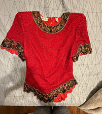 Laurence Kazar New York Women’s M Red Beaded Silk Sequin Short Sleeve Blouse picture