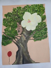 Original Acrylic Painting Tree Woman Magnolia Flower Folk Art Canvas 22x17 picture