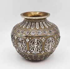 FINE 19TH CENTURY INDIAN TANJORE SILVER & COPPER INLAID BRASS LOTA VASE picture