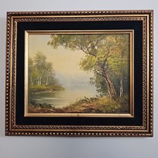VTG Original Oil Painting 8x10 Signed Woodland Lake Landscape Ornate Framed Art picture