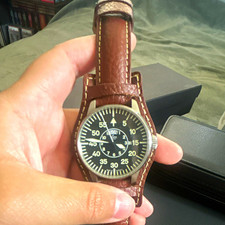 Laco 1925 Pilot Zurich day/date 42mm Black Dial Brown Leather Strap & Box Manual picture