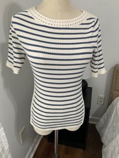 Loft NWT Striped Crochet Trim Sweater Tee Precious Saphire (Blue) Small picture