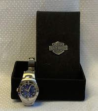 2007 Bulova Harley Davidson Ladies Watch in Box Blue Face Runs & Keeps Time picture