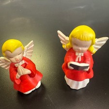 Vintage Style Angel Figurines Set of 2 Red White Christmas Choir Cherubs picture