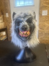 Hungry Howler Werewolf Mask Halloween Monster Full Head Faux Fur Fangs Grey OS picture