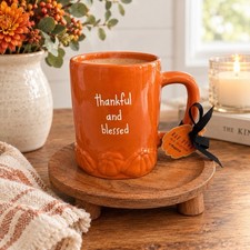 Rae Dunn Thankful & Blessed Autumn Fall Pumpkin Mug Cup Orange Coffee Tea NWT picture