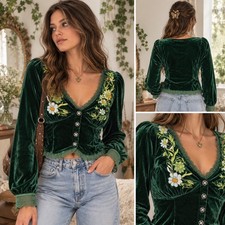 Green Velvet Embroidered Top L Fairy Grunge Whimsigoth Y2K Lace Romantic Goth picture