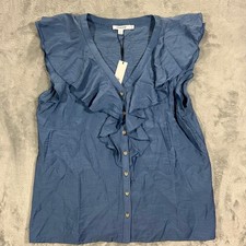 CHICO'S Ruffle Blouse Women S Blue Lotus NWT Blue V-Neck Button Front Cap Sleeve picture