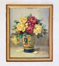 Martin Rettig Original Floral Still Life Oil Painting Wood Panel Roses In Vase picture