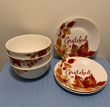 Royal Norfolk Grateful Dessert Plates and Soup Bowl Set of 3 Fall Thanksgiving picture