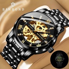 Luxury Men's Stainless Steel Gold Tone Skeleton Automatic Mechanical Wrist Watch picture