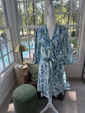 J. McLaughlin Women's Blue/Green Floral Wrap Dress Collared 3/4 Sleeve Size M picture