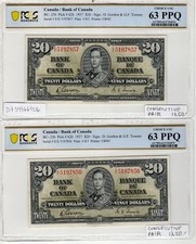 1937 Canada $20 Gordon-Towers EE Prefix Choice UNC Consecutive Pair PCGS MS-63 picture