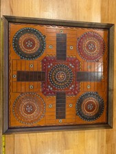 Vintage Hand Tooled Leather Parcheesi Game Board Folk Art Framed Wall Decor 21
