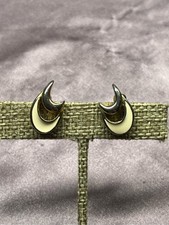 Trifari Gold Tone Cream Enamel Abstract Pieced Earrings Vintage picture