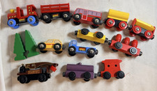Vintage Brio Wooden Train Vehicle Lot 14 Pieces Engines Cars Trucks Trees picture