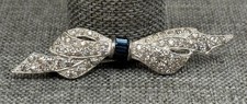 VTG Art Deco Rhinestone Bow Brooch Blue Baguette Crystal Silver Tone Pot Metal picture