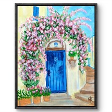 Original Acrylic 14x11 Realist Blue Door Floral Arch Painting Signed Canvas picture