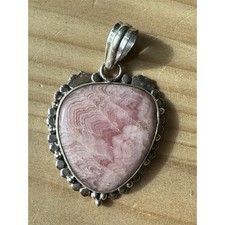 VTG Artisan Pendant 1.75 Inch Pink Banded Rhodochrosite Cab 925 Sterling 9.9g picture