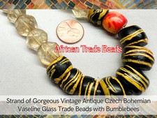 Gorgeous Vintage Antique Czech Bohemian Vaseline Glass Trade Beads w/ Bumblebees picture